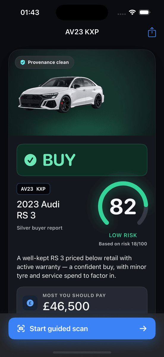 A Carleeta buyer report: risk score 18, BUY verdict, recommended max bid £46,500 and a guided-scan CTA