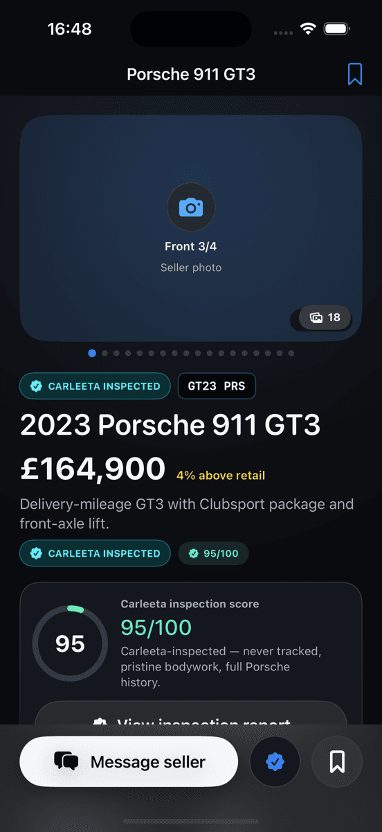 Carleeta marketplace listing for a 2023 Porsche 911 GT3 with a Carleeta inspection score of 95 out of 100
